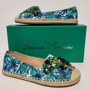 NWT Lauren Lorraine Espadrilles Jeweled Tropical Green Blue Multi Womens Size 7